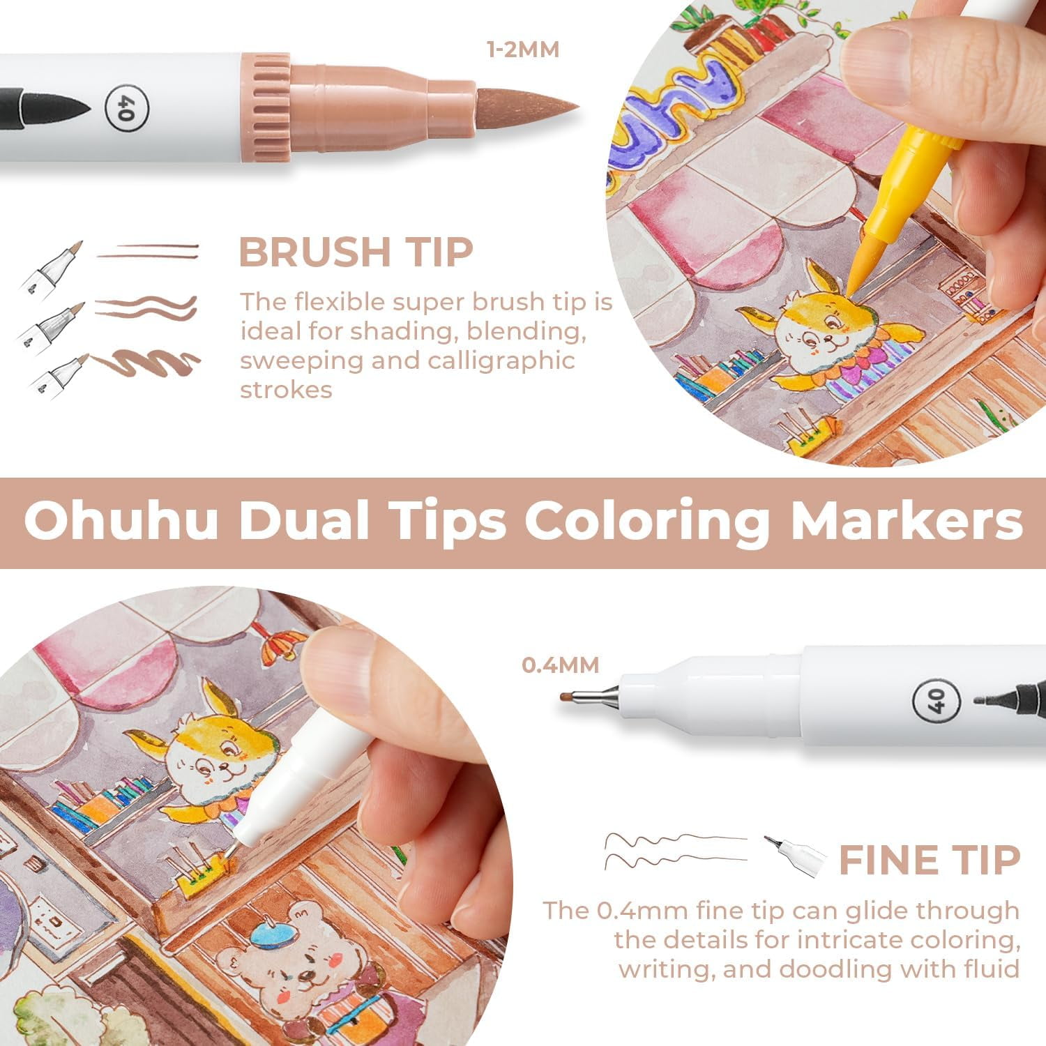Ohuhu 120-Color Water-Based Markers Set, Fineliner & Brush Dual Tips for Art & Sketching