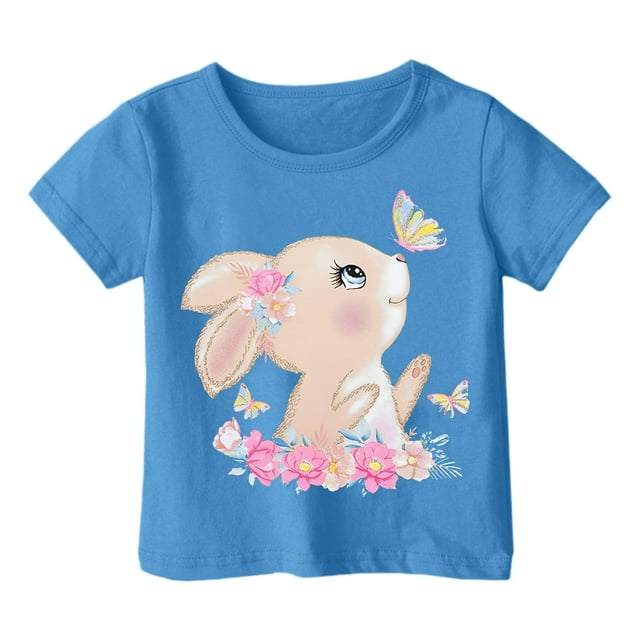 WEIYLL T-Shirt pour Filles Décontracté Imprimé Lapin Dessin Animé Col Rond Manches Courtes Bleu Vêtements Enfants 12-13 Ans