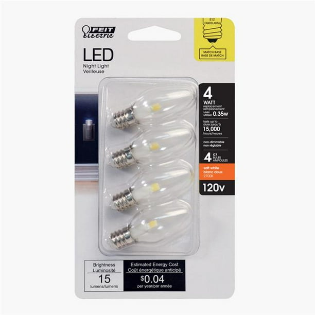 Feit Electric 3935087 4 watt Équivalence 0,5 watt 15 Lumen C7 Veilleuse LED Ampoule&44; Blanc Chaud - Pack de 4