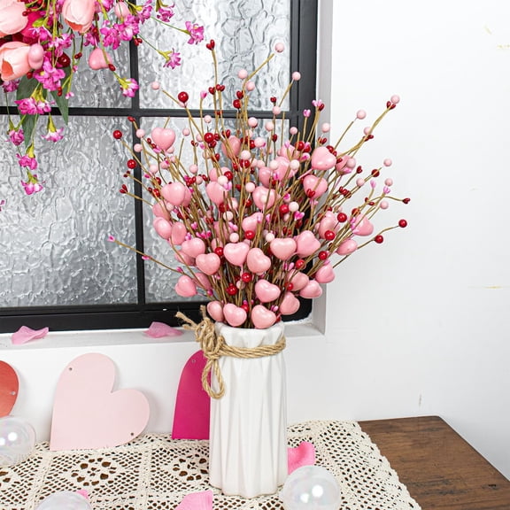 Pink Heart Shaped Berry Spray Artificial Berry Sprigs with Flexible StemsforRomantic Valentine Day GiftforHer Valentine DecorationforDinner Table Home Decor