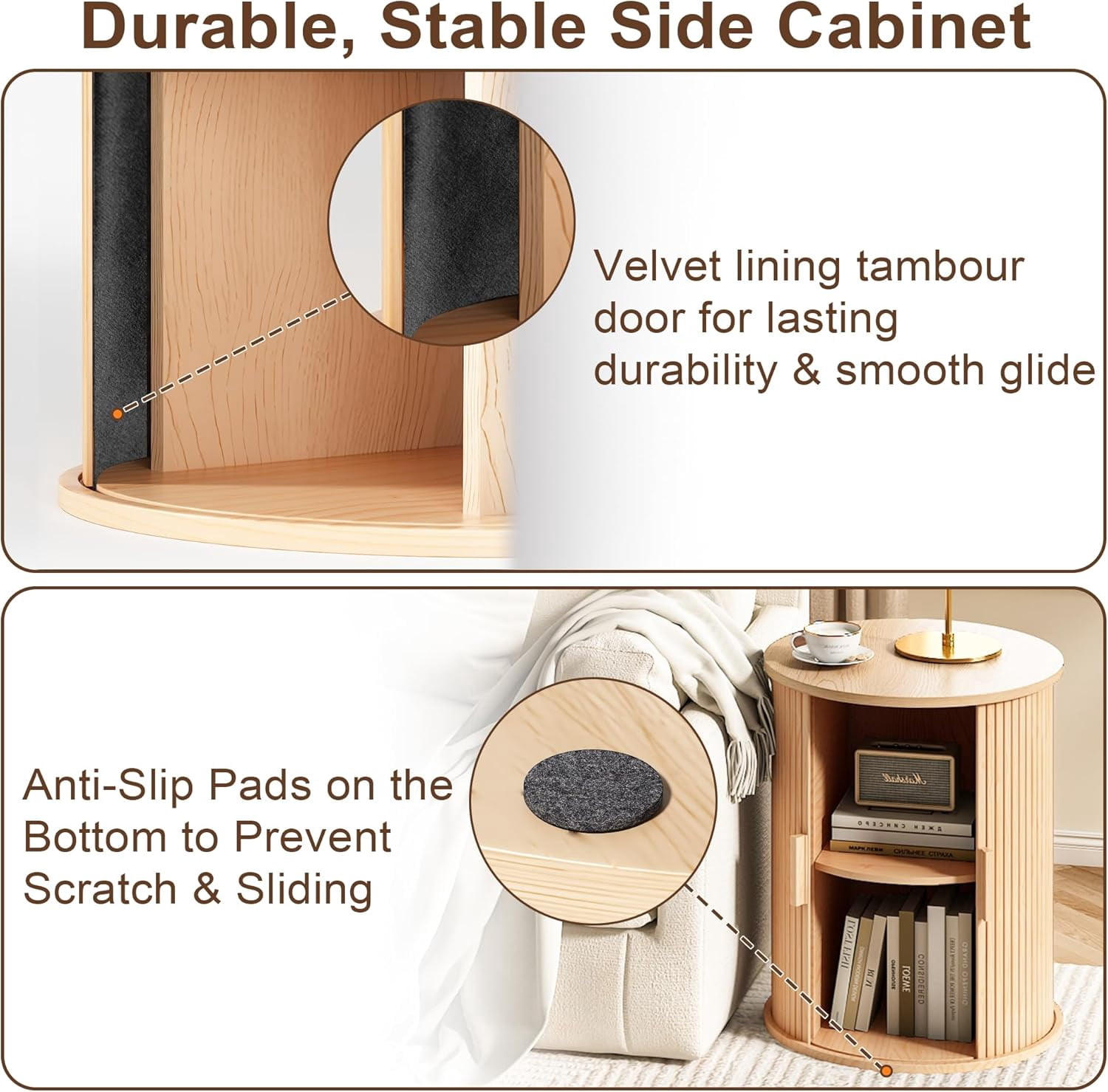 Round Fluted End Table Set of 2, NEORIVER Tall Side Table with Sliding Tambour Door and Adjustable Storage Shelf, Modern Bedside Table, Nightstand for Living Room, Bedroom