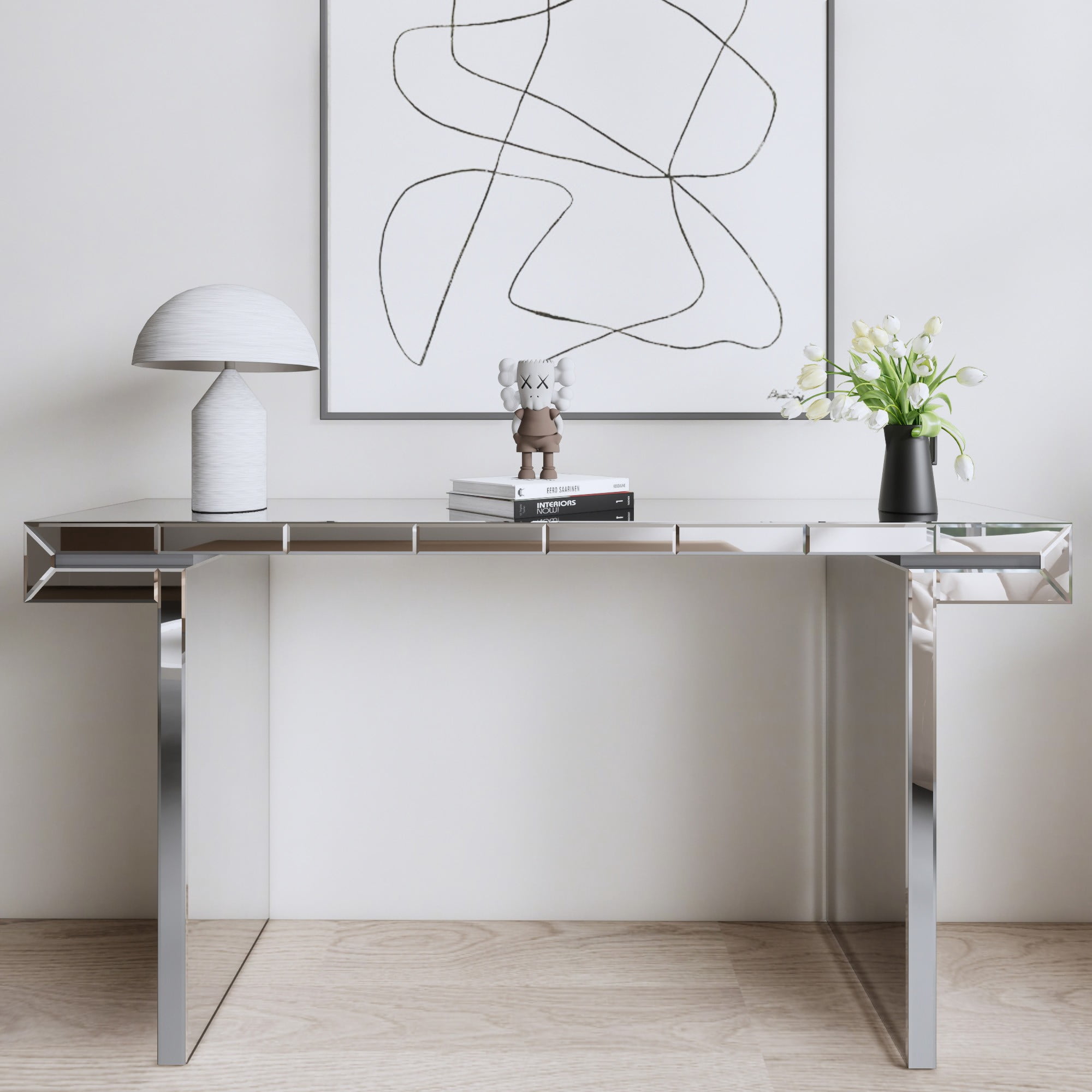 60 Inches Luxury Full-Length Mirror Console Table with Fluted Tempered Glass, Entryway Mirrored Sofa Table, Light Luxury Style, Scratch-Resistant, Reinforced Packaging (Silver)