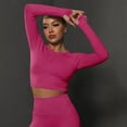 thumbnail image 6 of KKBOTIVE Womens Seamless Solid Color Workout Long Sleeve Top Casual Elastic with Ruching Yoga Pullover for Running Cozy Breathable Athletic Shirt, Hot PinkSize: L, 6 of 8