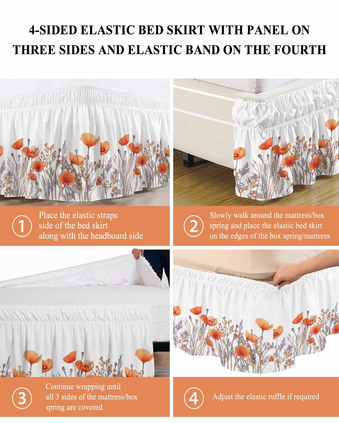 Orange Spring Floral Wrap Around Bed Skirts for Queen Bed 16" Drop, Bed Skirt with Adjustable Elastic Belt Dust Ruffle Bed Valance for Bedroom Hotel Luxury Watercolor Summer Botanical Bed Frame Cover