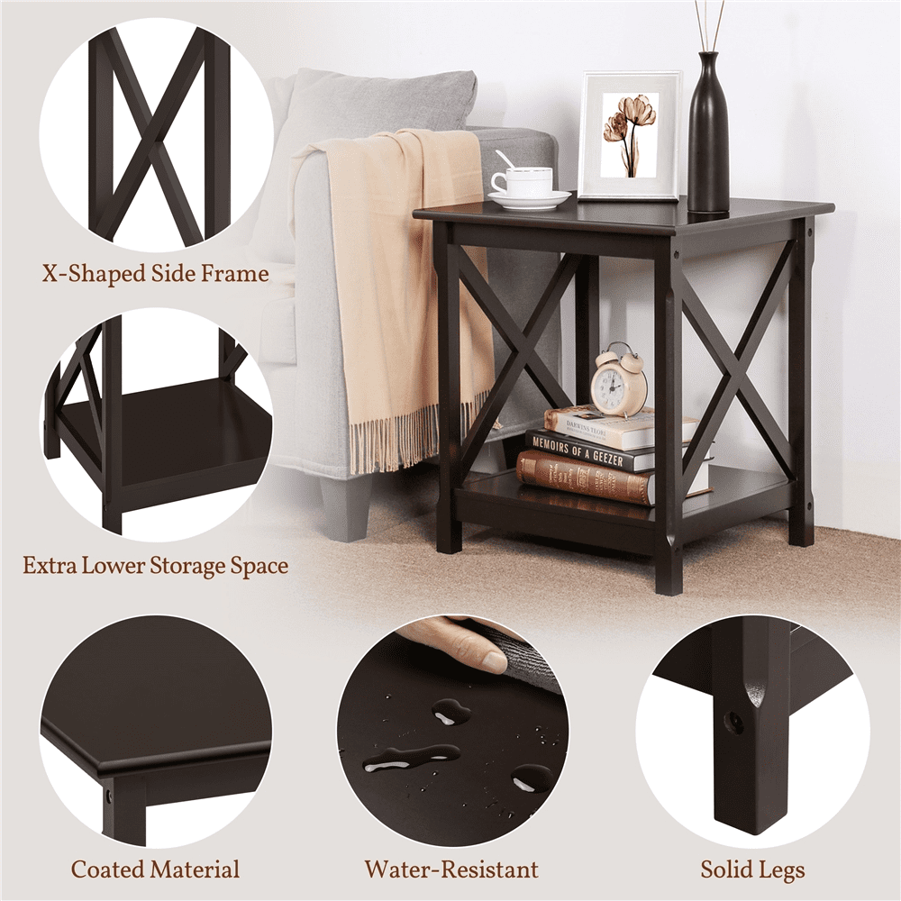 Renwick X Design Wood Rectangular End Table with Storage Shelf, Espresso