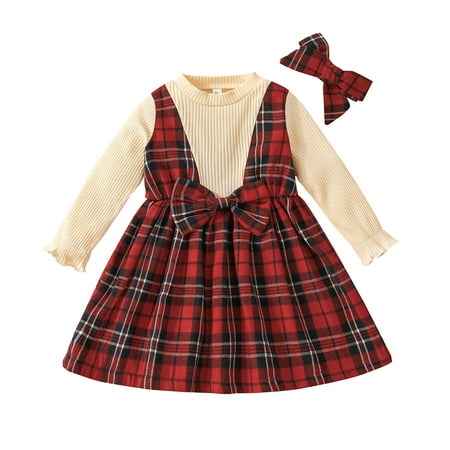 

TAIAOJING Toddler Girl Dress Long Sleeve Plaid Bowknot Dress Headbands Outfits Girl Clothes 2-3 Years