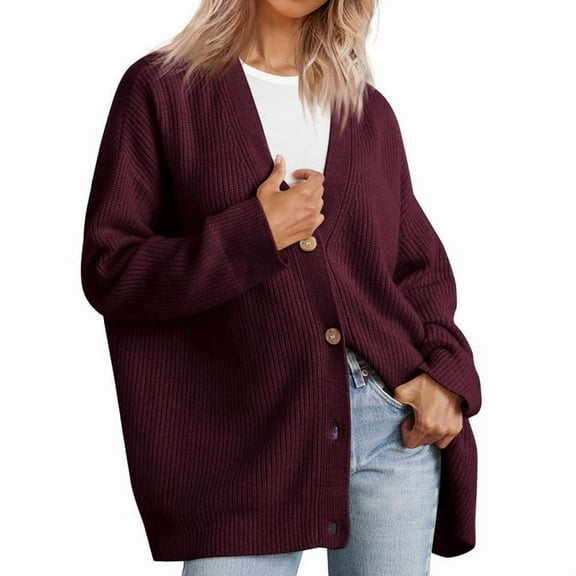 Women'S Stripe Sweaters Oversized Button Sweaters V Neck Loose Knit Outerwear Wine Red XXL