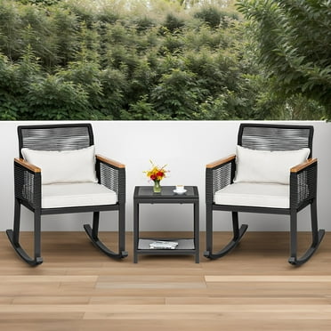 ModFusion 3-Piece Outdoor Indoor Patio Conversation Furniture Set, 2 Black Rattan Wicker Rocking Chairs with Cushion and 1 Tempered Glass Top Coffee Table, Light Gray Cushion