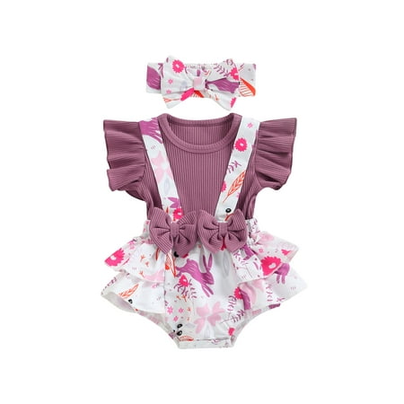

Easter Infant Baby Girl Romper Fly Sleeve Ruffle Shorts Suspender Jumpsuit Bunny Print Onesie Headband 2Pcs Set