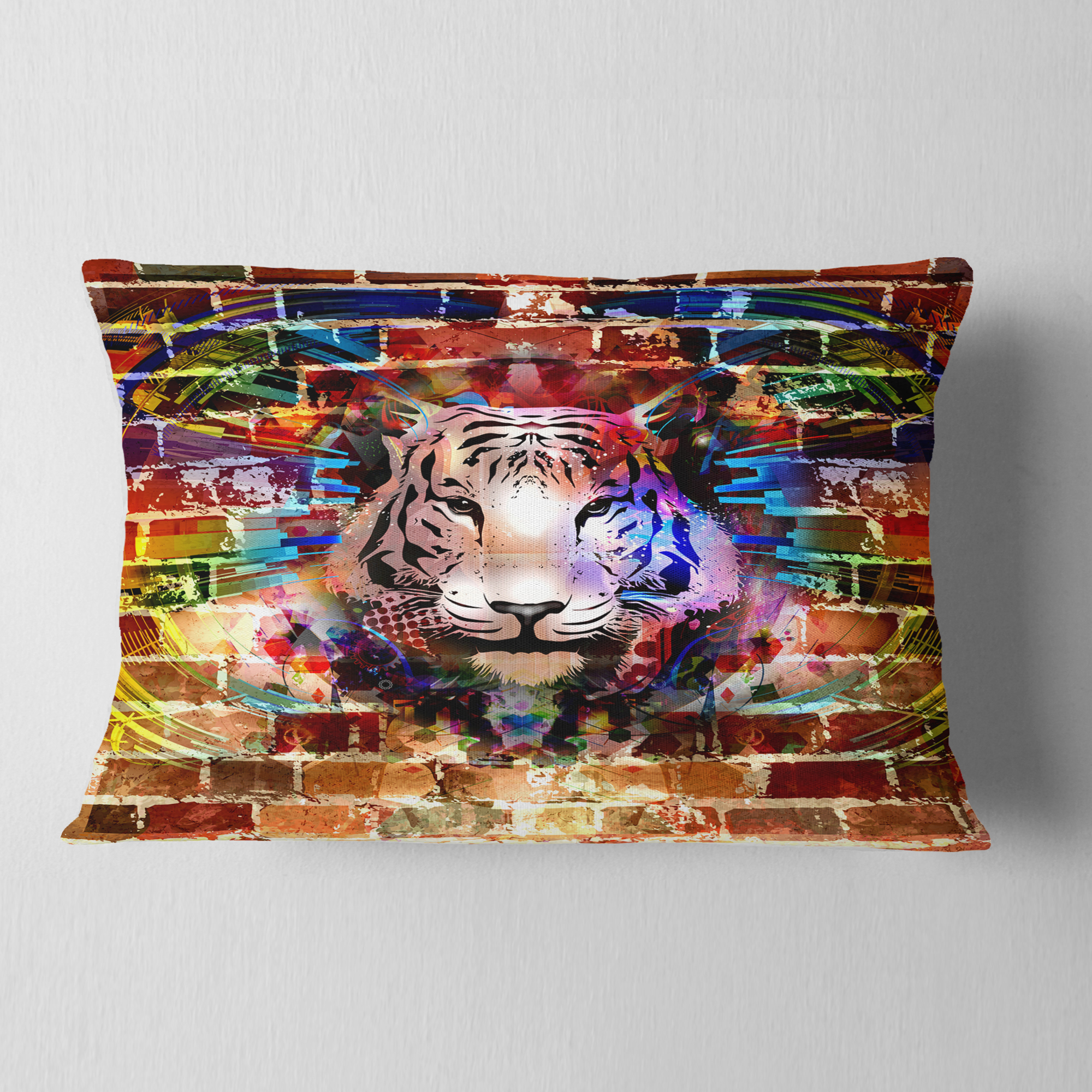 Designart Tiger over Abstract Brick Design - Abstract Throw Pillow - 12x20