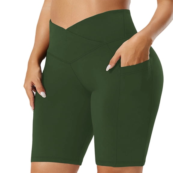 Plus Size Yoga Shorts with Pockets Womens 1X-5X Crossover High Waist Stretch Soft Workout Short Leggings (XL, Army Green)