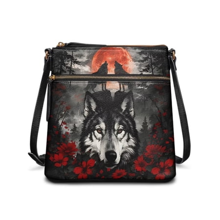 DISNIMO Wolf Flower Print Crossbody Handbag Purse with Zipper Ladies Satchel Shoulder Handbags with Adjustable Strap PU Leather Messenger-Bag for Work Gym Shopping
