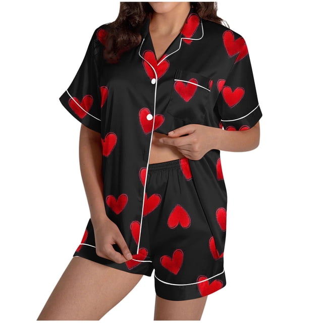 Tauxra Ensembles de Pyjama Imprimés pour Femmes Manches Courtes avec Poche, Col Montant Ensemble de Détente 2 Pcs
