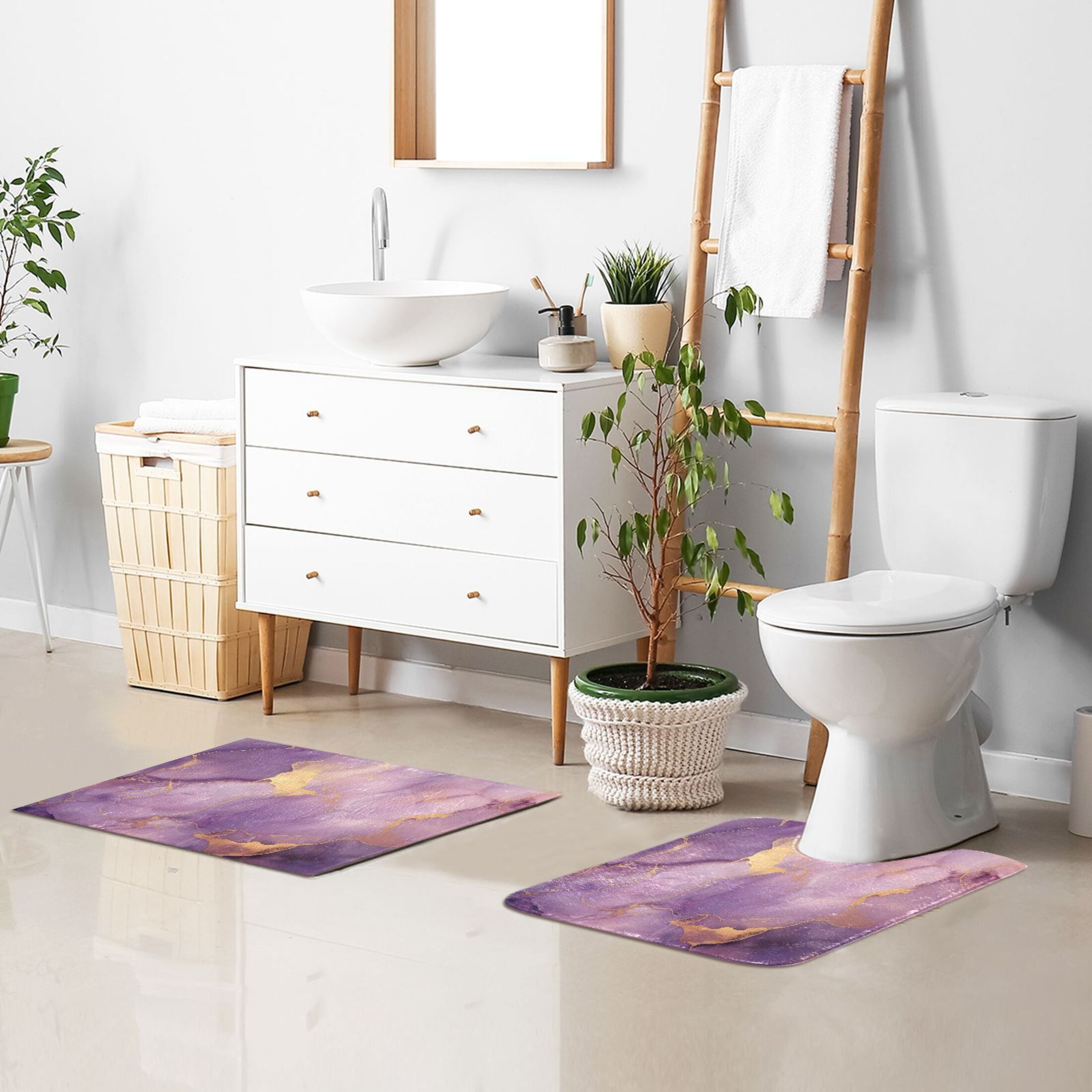 Toilet Rug Set Non-Slip Bathroom Rugs Soft Plush Machine Washable Contour Bath Mat Purple Lilac Marble 24x20/24x16