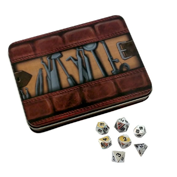 Thieves Tools with Shiny Chrome / Silver Color with Black Numbering Metal Dice Set -