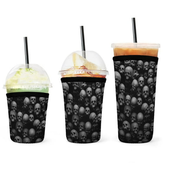 Set of 3 Packs Reusable Hot And Iced Coffee Cup Sleeve Neoprene Tumbler Sleeve Horror Collection Skull(16,24,32oz)