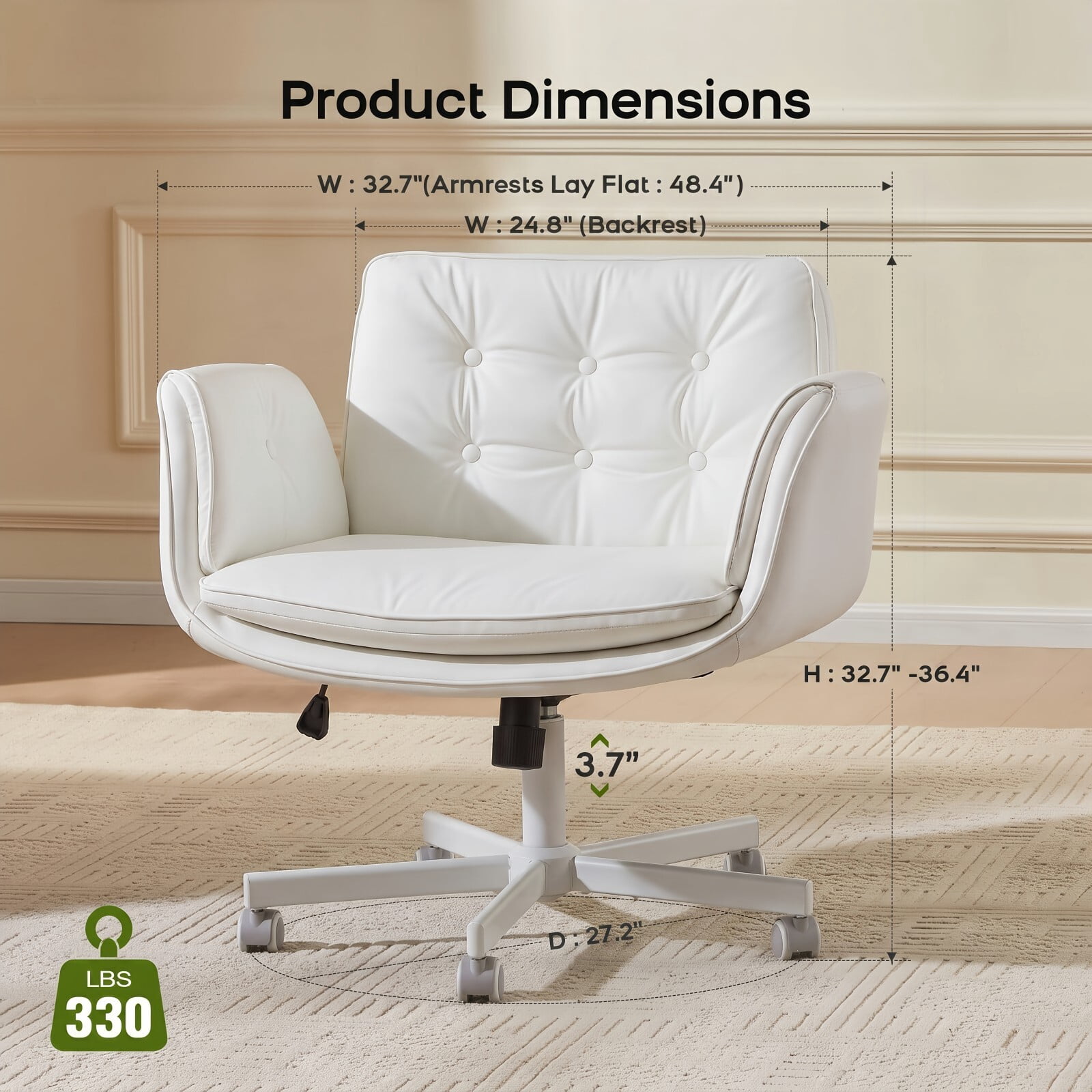 Kelno Criss Cross Office Chair with Wheels Armrests 300lbs Capacity Height Adjustable PU Leather Wide Desk Chair Swivel Vanity Chair, White