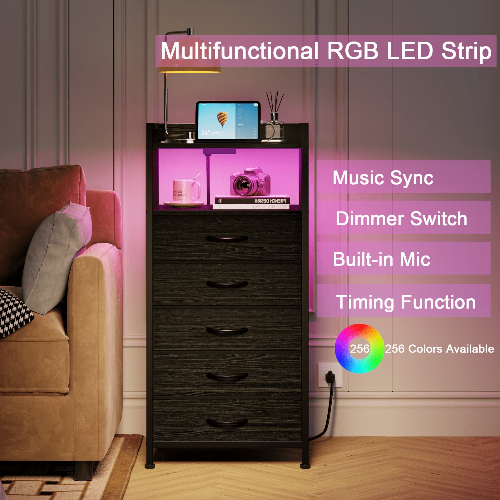 TYDIMOR Tall Dresser for Bedroom, 5 Drawer with Charging Station, Black, Ideal for Adults  (图4)