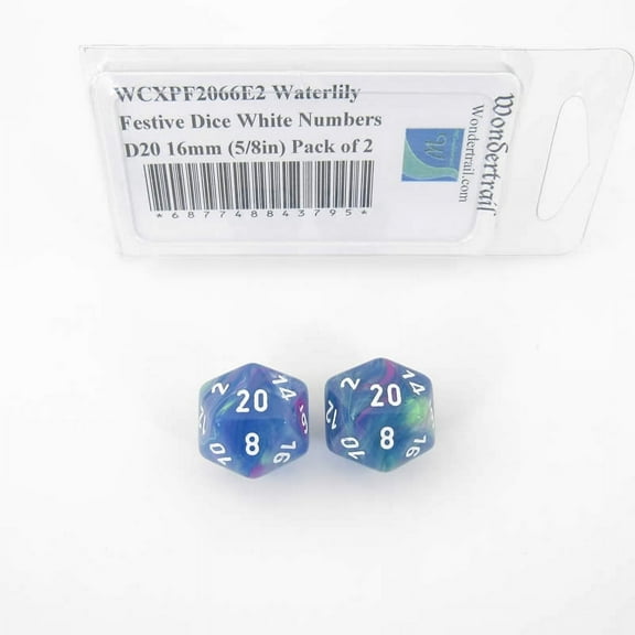 Waterlily Festive Dice with White Numbers D20 Aprox 16mm (5/8in) Pack of 2 Wondertrail