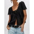 thumbnail image 6 of Women Tie Front Lace Trim Top Sheer Short Sleeve Scoop Neck Button Shirt Y2k Ruffle Flowy Boho Crop Tops Black S, 6 of 8