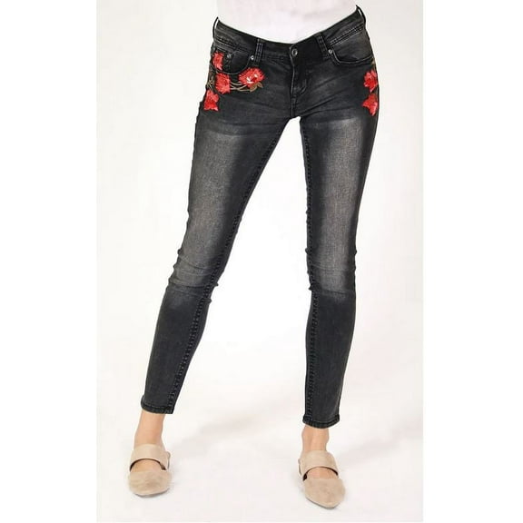 Grace in LA Jeans Women's Black Floral Embroidered Junior Fit Skinny Stretch Jeans (24)