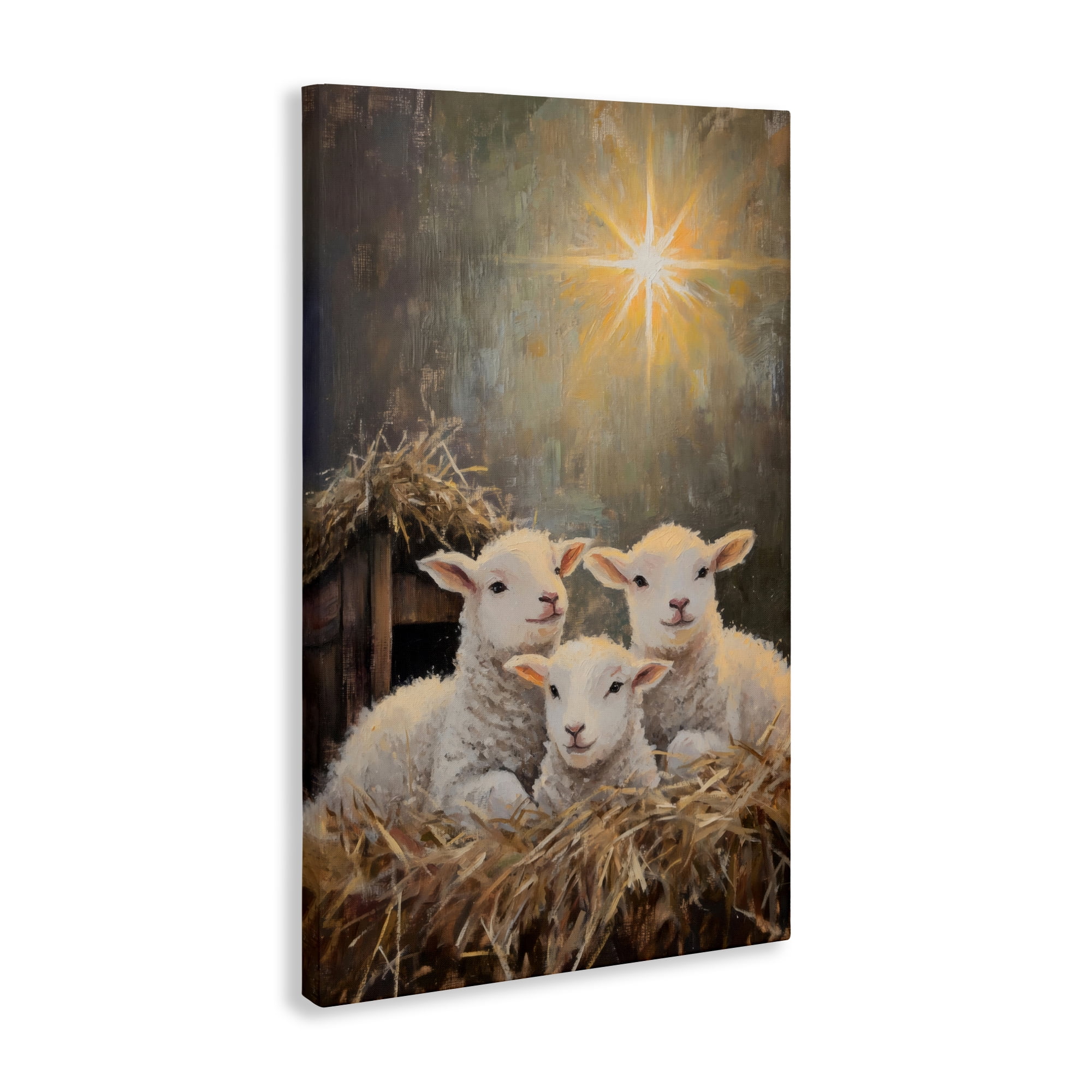 Festive Lambs in Stable Canvas Wall Art, design by Petal Prints Design