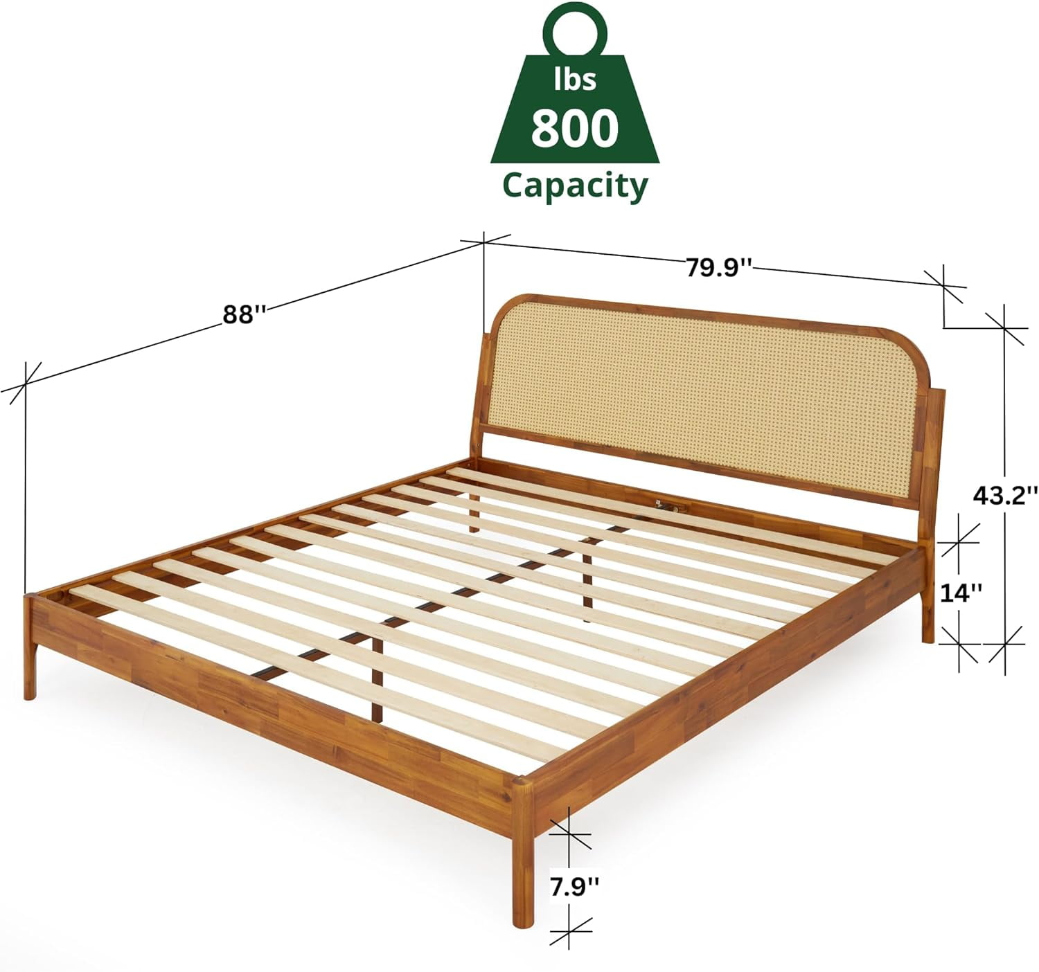 Aurelia King Solid Wood Bed Frame with Rattan Headboard - Bohemian & Mid Century Modern Style - Wood Slat Support - No Box Spring Needed - Easy Assembly - Caramel