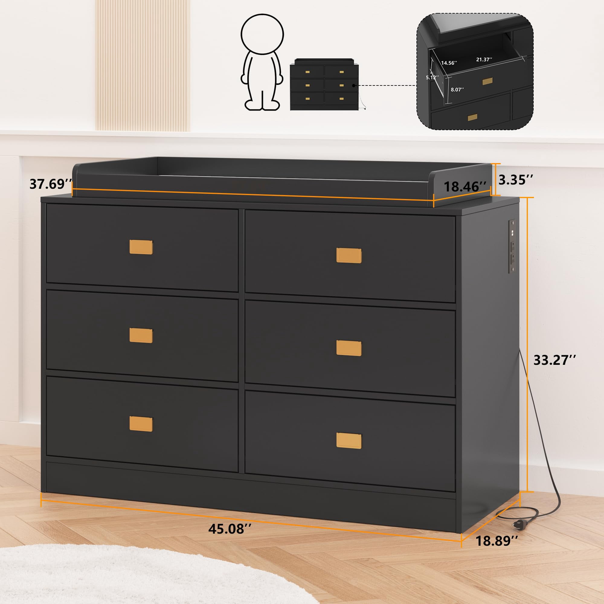 Changing Table Dresser with 6 Drawers& Power Outlets,Nursery Storage Organizer with Changing Pad & Removable Top,6 Drawers Dresser for Bedroom