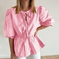 thumbnail image 2 of AherBiu Cute Tops for Women Ruffle Bubble 1/2 Sleeve Half Open Bow-Tie Shirts Blouse Solid Color, 2 of 6