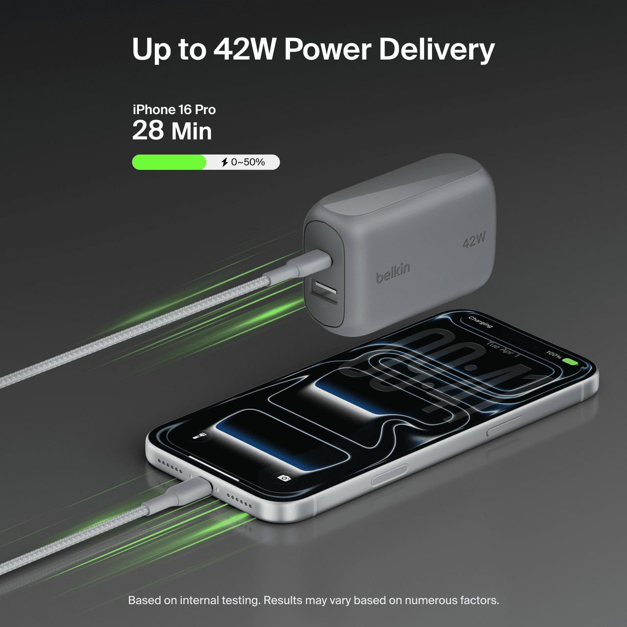 Belkin BoostCharge 42W Dual Port Wall Charger, USB-C and USB-A, USB PD with PPS, Includes 5 ft USB-C to Lightning Cable, Silver