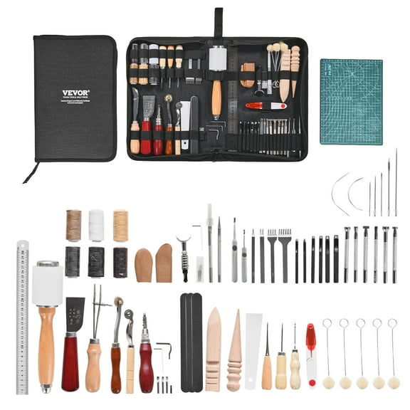 VEVOR Leather Working Tools Kit, 59 PCS Leather Craft Tools with Portable Canvas Storage Bag, Engraving Punching Sewing Stamping Sanding Tools, Ideal for Beginners DIY Enthusiasts and Professionals