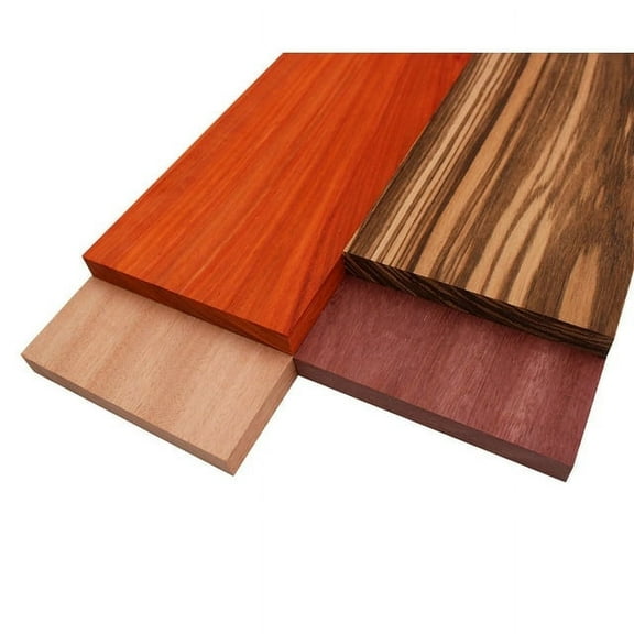 Imported Exotic Hardwood Variety Pack - Zebrawood, Purpleheart, Padauk, Okoume - 3/4" x 6" (4 Pcs) (3/4" x 6" x 48")