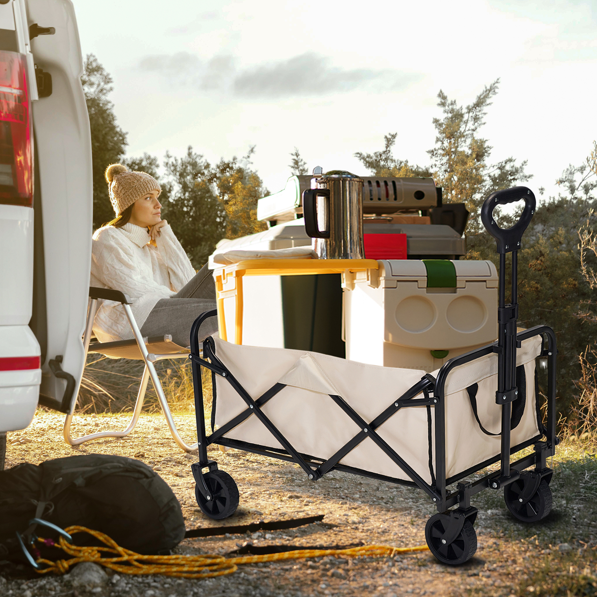 Folding Utility Wagon, Collapsible Outdoor Wagon Cart for Camping, Gardening, Picnic, Beach, Beige