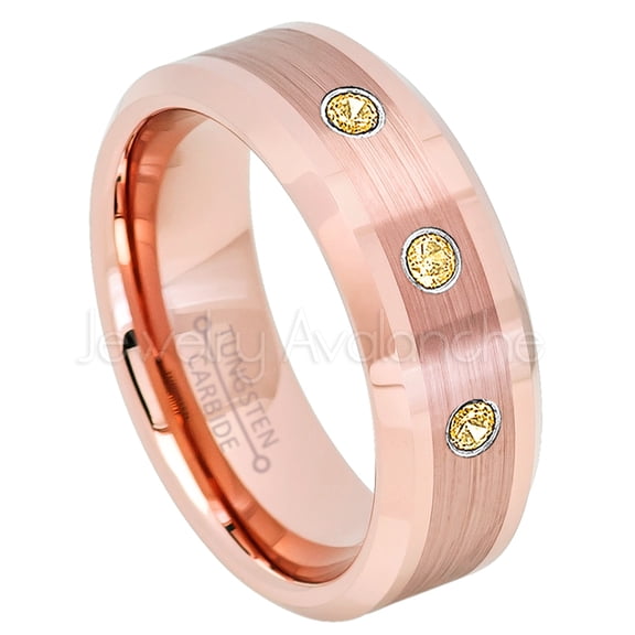 Rose Gold Plated Tungsten Ring - 0.21ctw Citrine 3-stone Band - Personalized Tungsten Wedding Ring - Custom Made November Birthstone Ring TN732BS