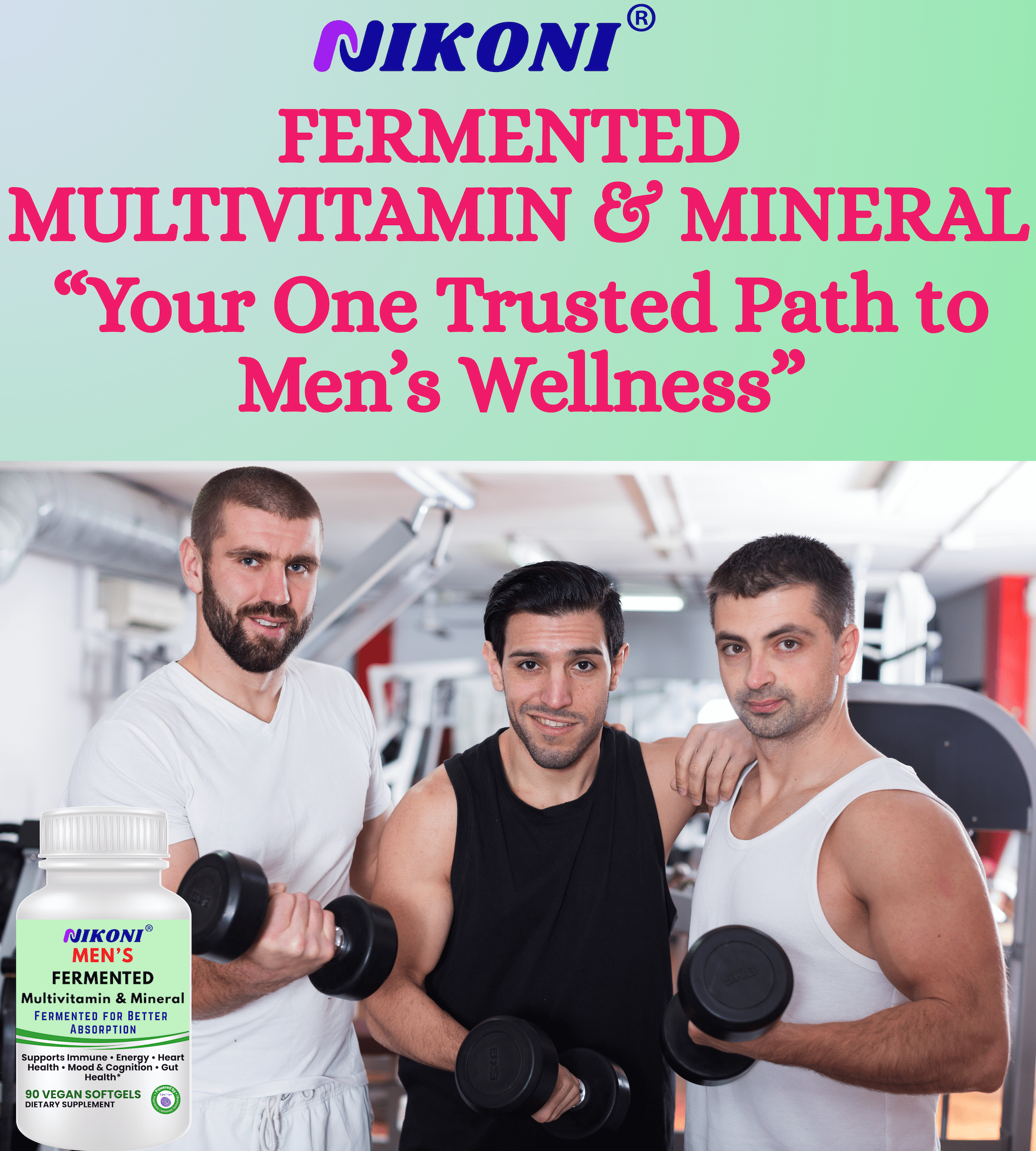 Nikoni Men's Fermented Multivitamin and Mineral Supplements Vegan Softgels Fermented for Better Absorption 90 Count