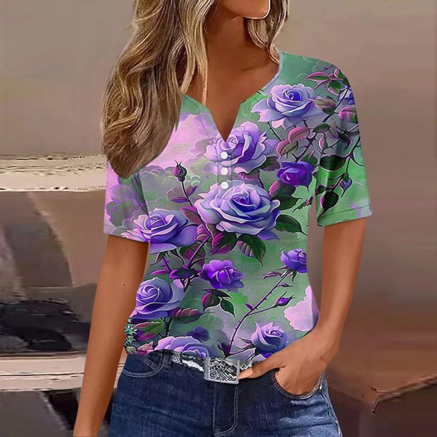 Fiudx Camisetas para Mujer Blusa de Manga Corta Estampada a La Moda para Mujer, Blusas Informales con Cuello En V