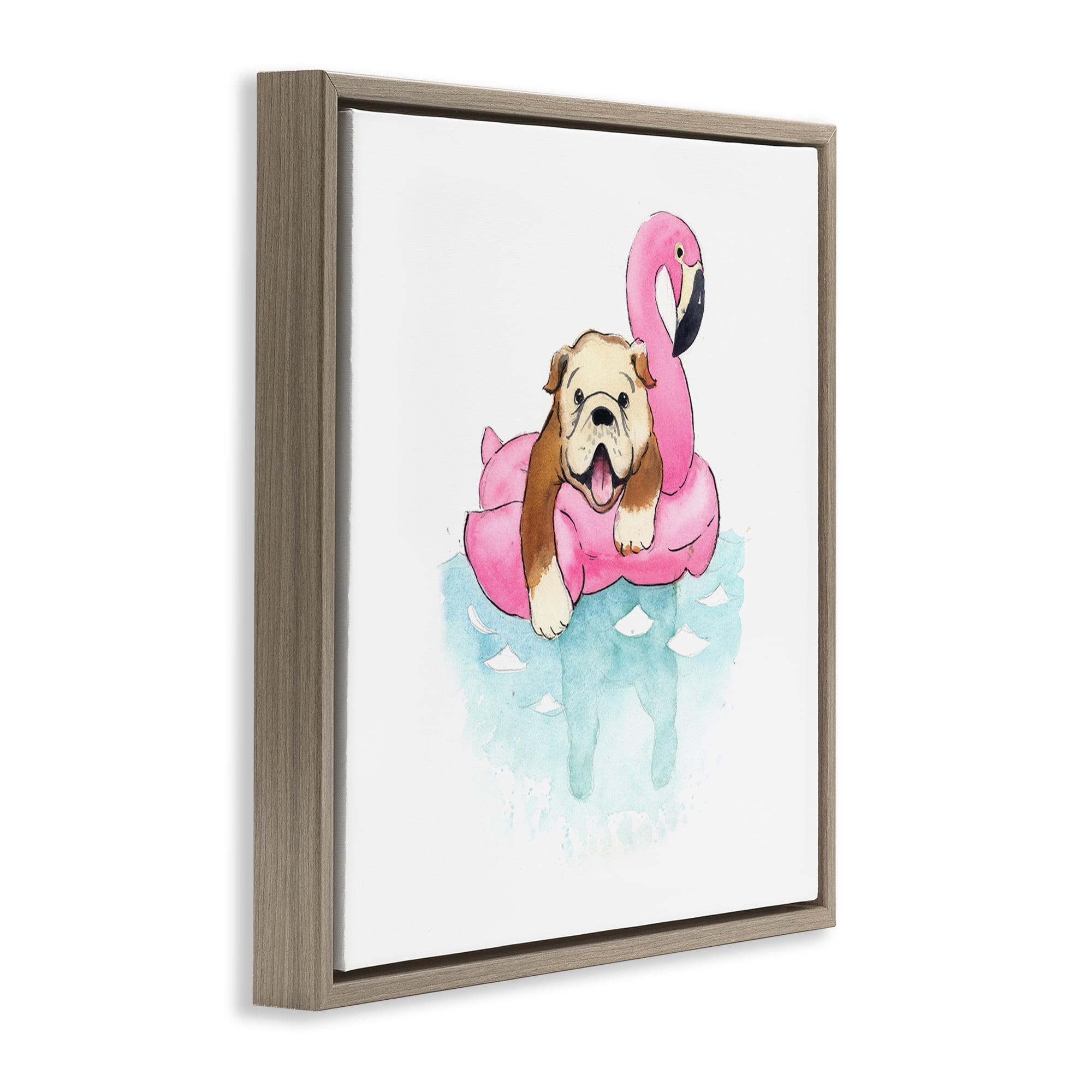 Stupell Industries Bulldog in Pool Float Animals Painting Brown Floater Framed Canvas Art Print Wall Art, 18 x 18