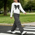 thumbnail image 5 of Spazoro Girls Outfit Sets with Multi‑Pockets, Elastic Waist Loose Fit Crewneck Long Sleeve Bow Print Casual Matching Clothes Sets Dark Gray Size 11-12, 5 of 6