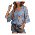 thumbnail image 3 of Seyurigaoka Womens Summer Tops Boho Floral Printed 3/4 Sleeve V Neck Shirts Casual Hollow-Out Patchwork Loose Blouses, 3 of 6