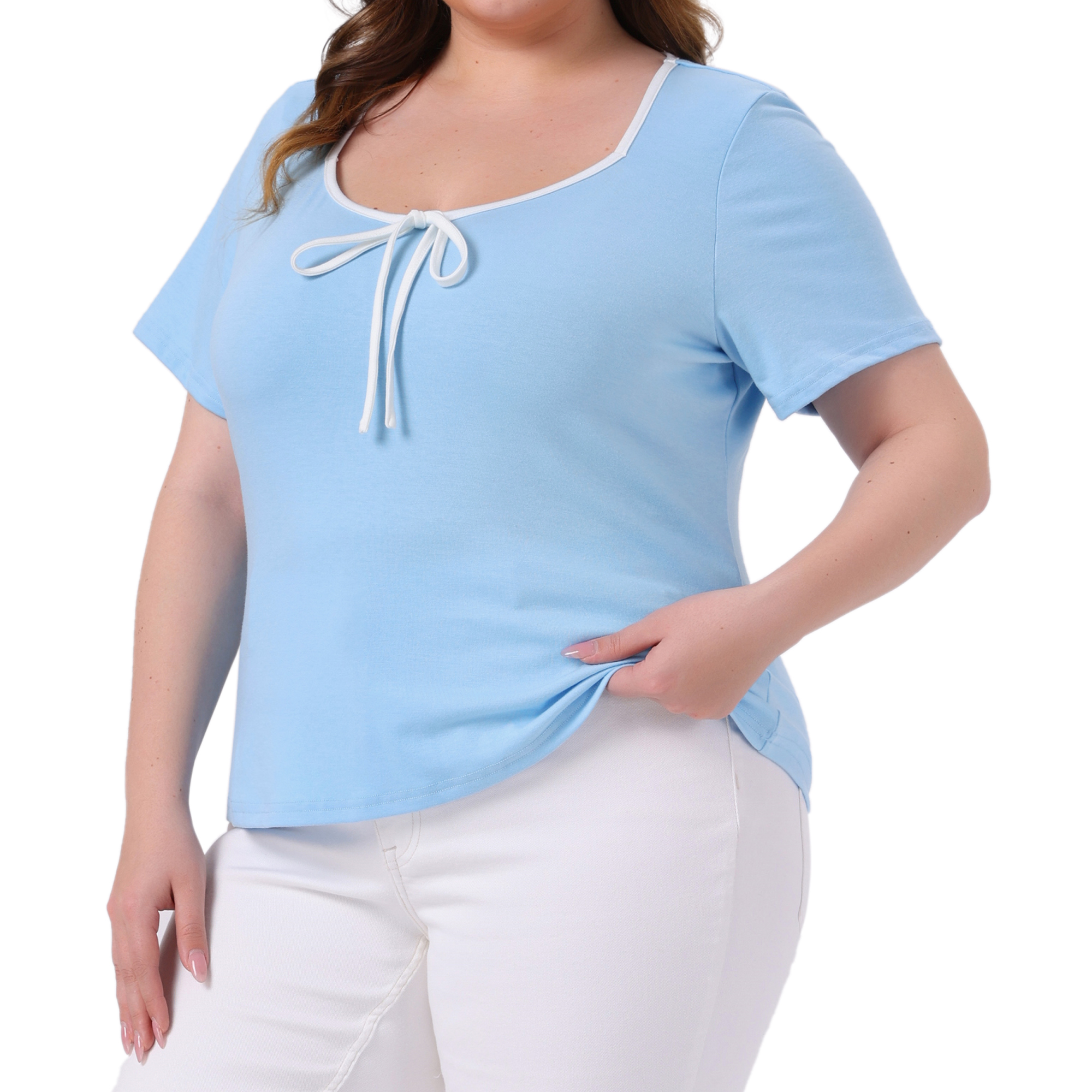 Women's Plus Blouse Sweetheart Neck Contrast Trim Tie Knot Short Sleeve Tee 3X Sky Blue