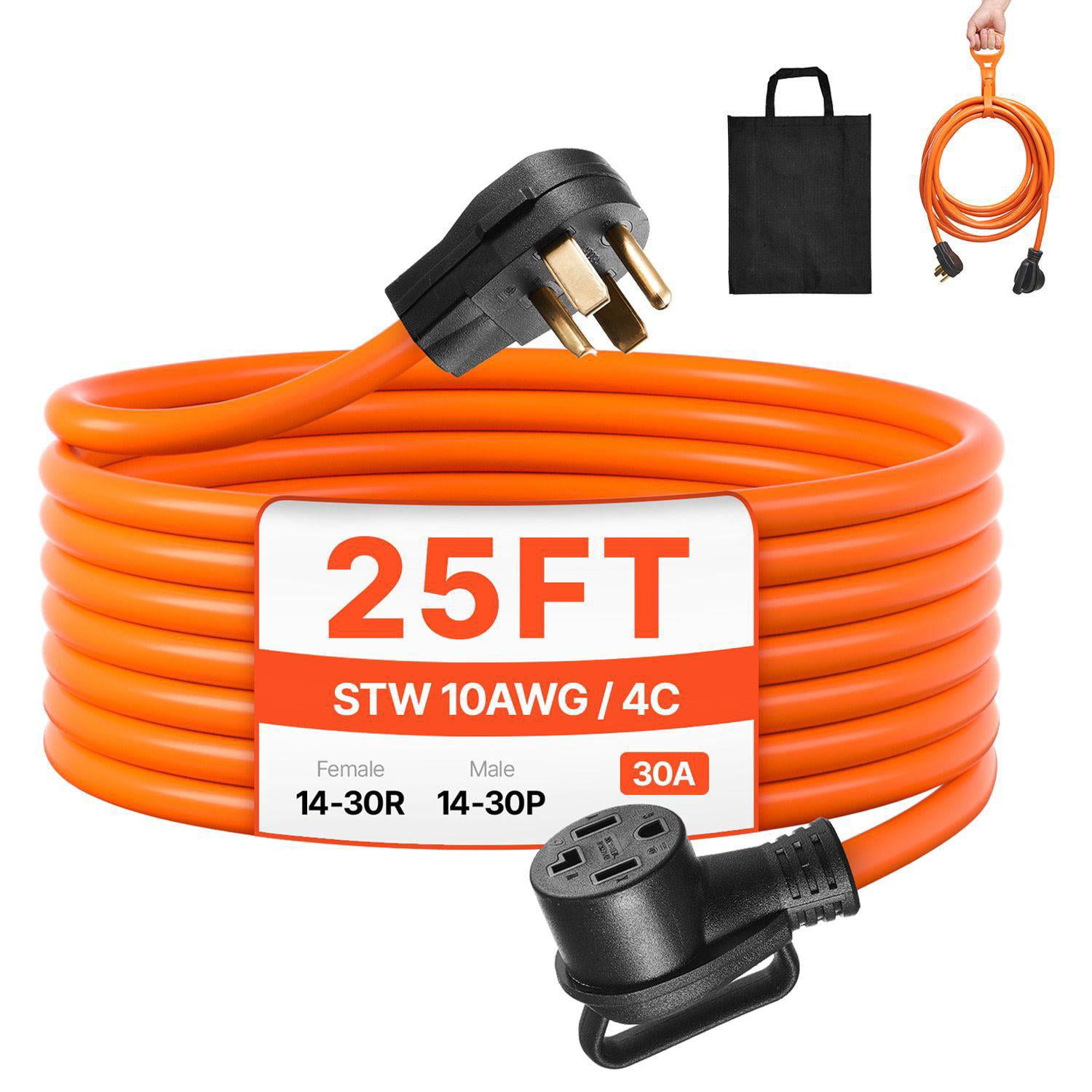 25ft Dryer Extension Cord 4 Prong NEMA 14 30P to 14 30R 125V 250V 30A 10AWG 4C STW Pure Copper Wire with Black Bag PVC Cable Tie Indoor Outdoor Use