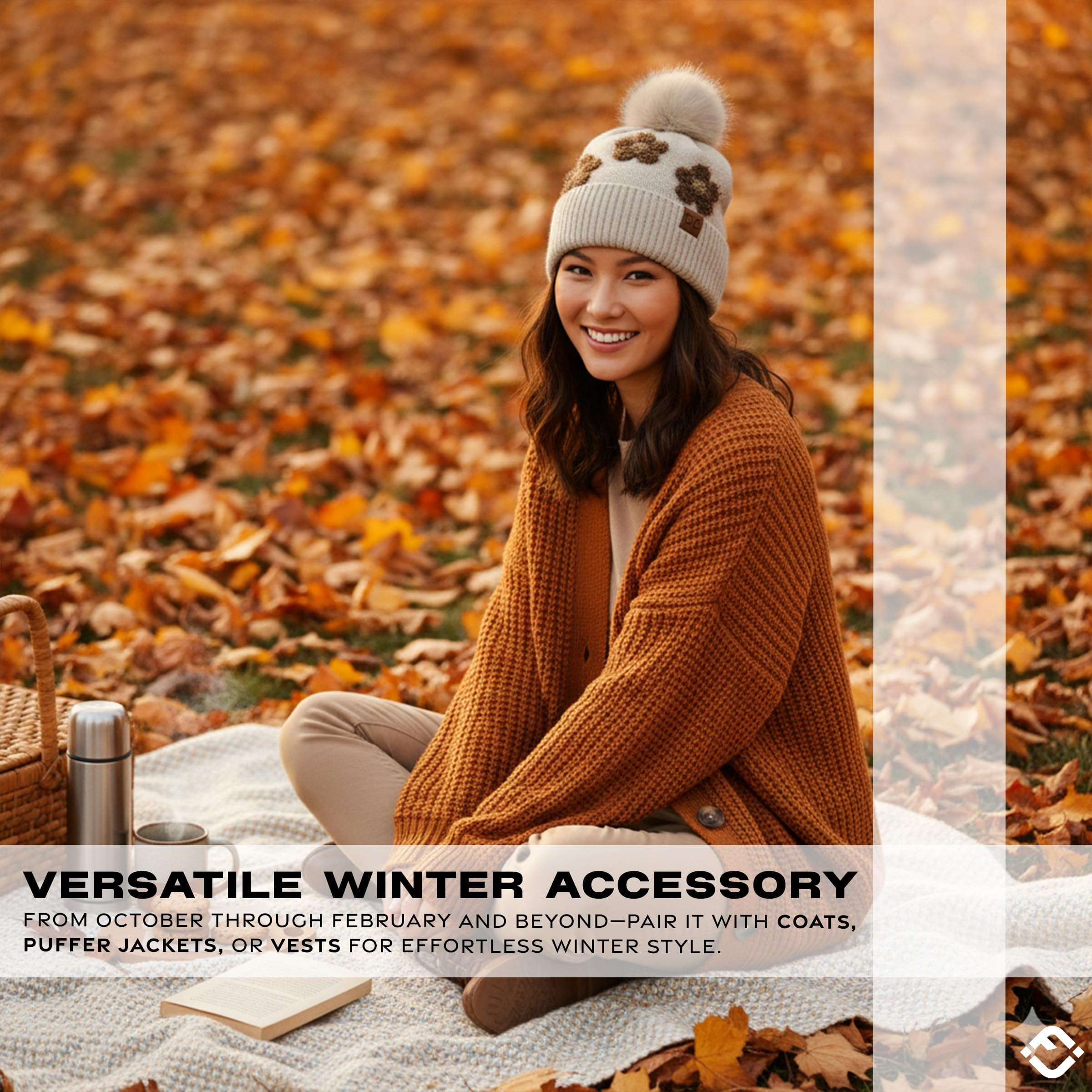 Funky Junque Beanie for Women Ultra Soft Chenille Faux Fur Pom Pom Winter Hats Warm Ski Cap Fashion - Daisy - Beige