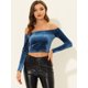 thumbnail image 2 of INSPIRE CHIC Blusa de terciopelo de manga larga elástica sólida con hombros descubiertos para mujer Gris azul S, 2 of 5