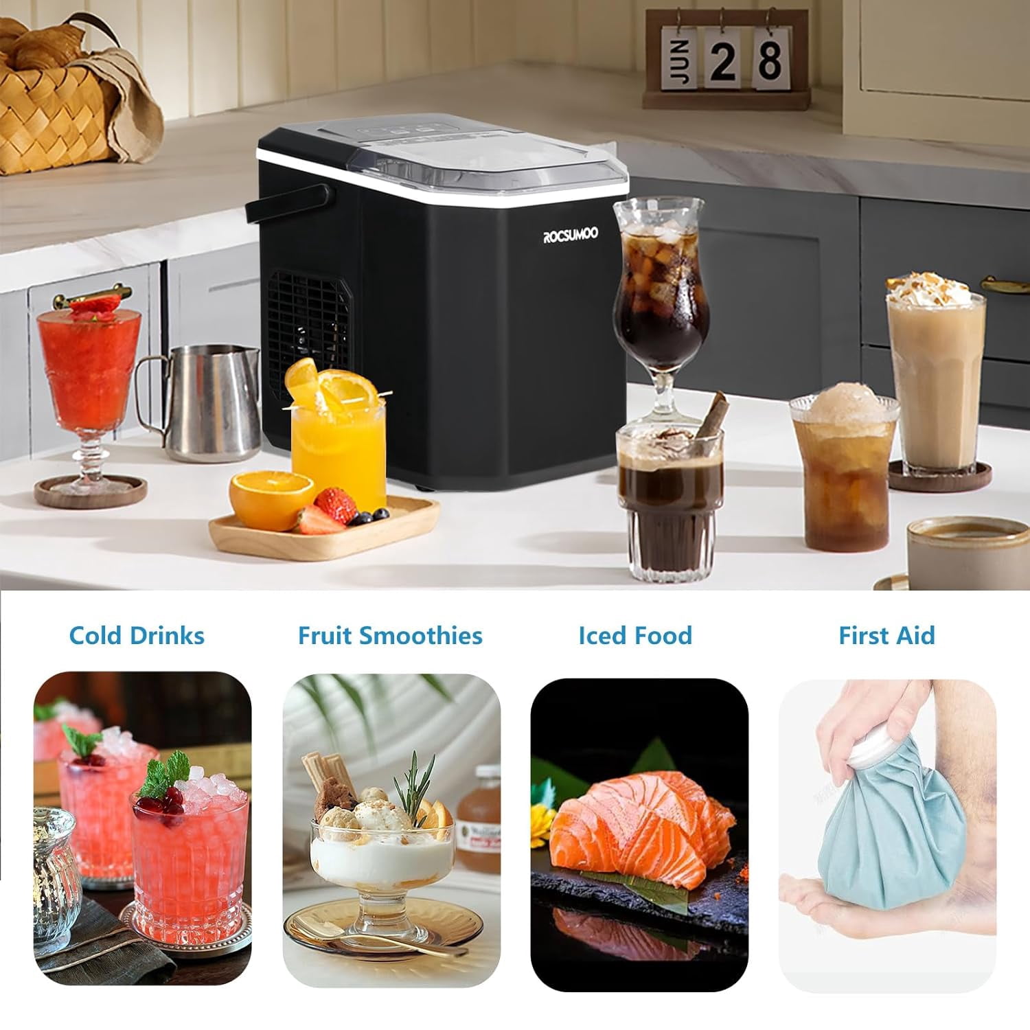 Ice Maker Countertop, Portable Ice Machine with Carry Handle, Self-Cleaning Ice Makers with Basket and Scoop, 6 Mins 9 Bullet Ice, 26 lbs / 24Hrs, Ideal for Home, Kitchen, Camping