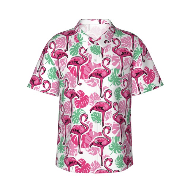 Fotbe Flamingo Camisa Hawaiana para Hombre Unisex – Camisa Casual de Verano con Botones de Manga Corta de Algodón y Lino,Medium