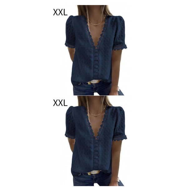 Sonducket Camiseta de mujer Verano con cuello en V Color sólido Lavable Blusa suelta de encaje Citas de viaje Fiesta de deportes al aire libre Azul oscuro XXL 2piezas
