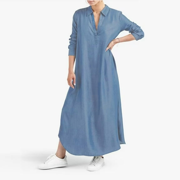 Plain Maxi Long Dress Women's Kaftan Long Sleeve Casaul Oversized Dress Casual Shirt Dress for Women Long Formal Dresses with Pockets Womens Strapless Dresses Summer Dresses Casual Long Womens Dresses