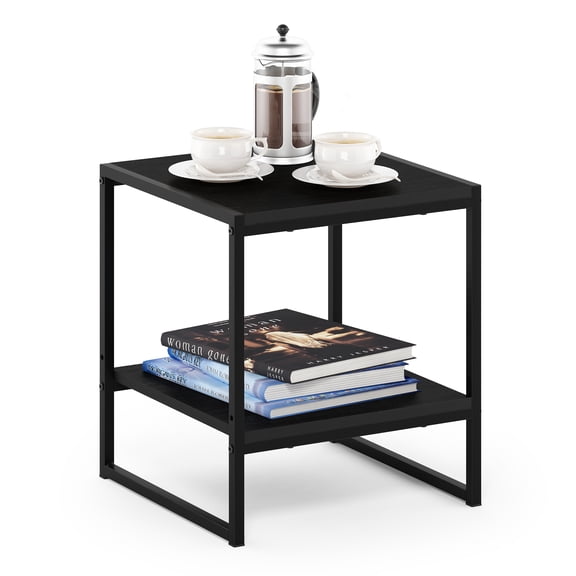 Furinno Camnus Side Table, 2-Tier Black End Table with Metal Frame, Square Night Stand with Open Shelf, Bedside Table, Easy Assembly, for Living Room, Bedroom, Dark Americano