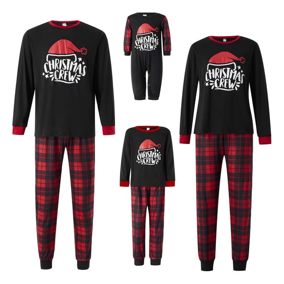 Pijamas para padres e hijos con estampado de letras, gorro navideño, camisetas de manga larga con cuello redondo y pantalones a cuadros, pelele para bebé, ropa familiar.