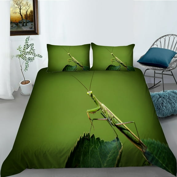 YJHDM Green Praying Mantis Bedding Set 3D Insect Duvet Cover Pillowcase 2/3pcs for King Queen Bed